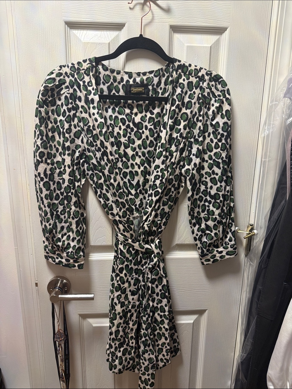 Leopard Print Wrap Dress - Green/Black on Cream